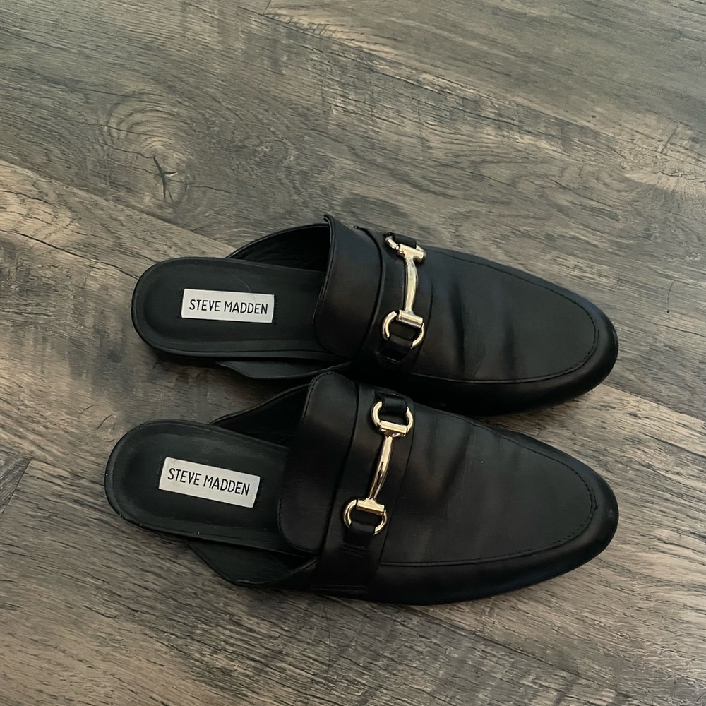 Steve Madden Black Mules with Gold Accent